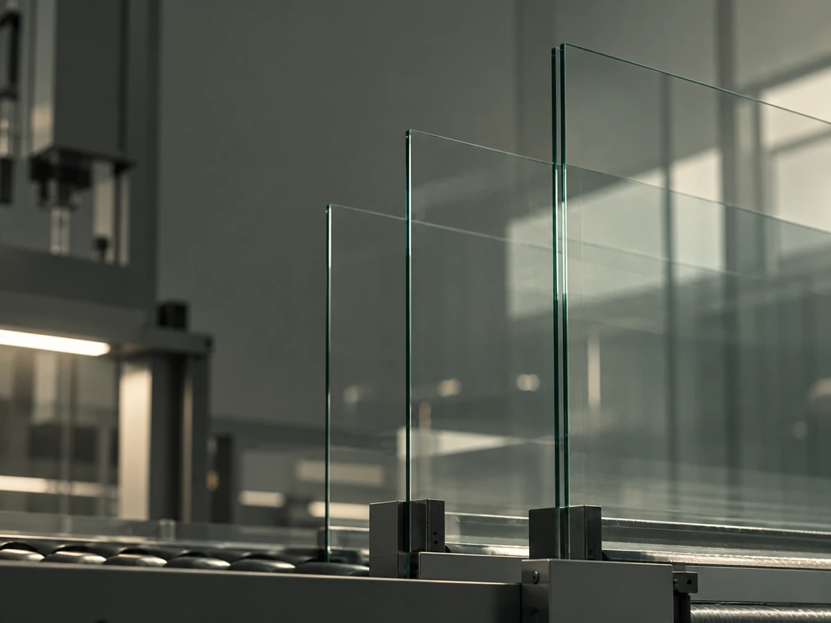 AI-generated illustration of straight glass panels in an automated factory, not a photograph of Corning or a customer-return incident.