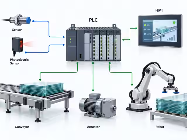 Generic illustrated PLC control system with sensors, an HMI and actuators. This is not a diagram of the shoe-manufacturing line.